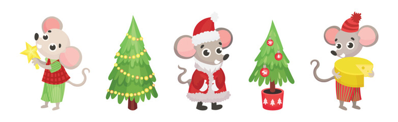Christmas Objects with Decorated Fir Tree and Mouse Vector Set