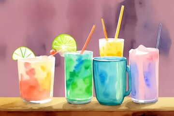 A Group Of Colorful Drinks Sitting On Top Of A Wooden Table