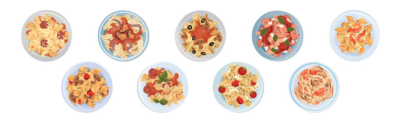 Different Pasta Dish as Italian Cuisine for Restaurant Menu Served on Plate Vector Set