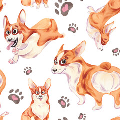 Seamless pattern of corgi dogs. Funny character. Watercolor illustration. Cute puppy.