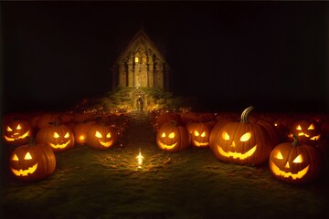 A Group Of Carved Pumpkins Sitting On Top Of A Lush Green Field