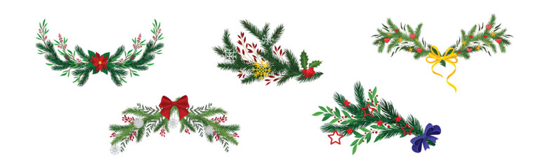 Naklejka na ściany i meble Green Christmas Fir and Pine Branch with Ribbon Bow Vector Set