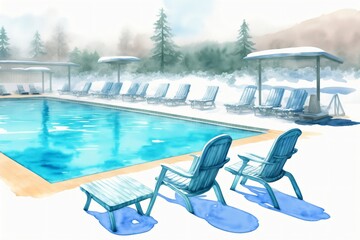 A Painting Of A Swimming Pool With Lawn Chairs And Umbrellas