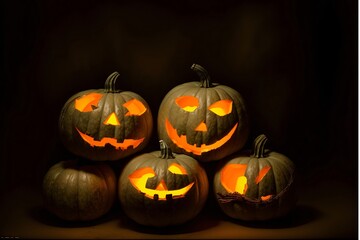 A Group Of Carved Pumpkins Sitting On Top Of Each Other