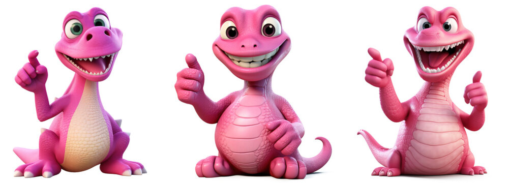 collection of happy pink baby dragon 3D render character cartoon style Isolated on transparent background