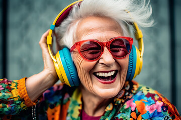 happy elderly woman with wireless headphones generative ai