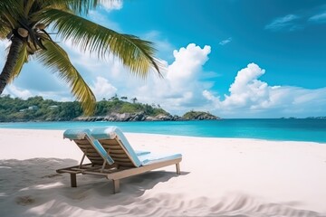 Obraz na płótnie Canvas Beautiful beach. Chairs on the sandy beach near the sea