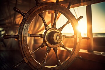 boat wheel with sun shining