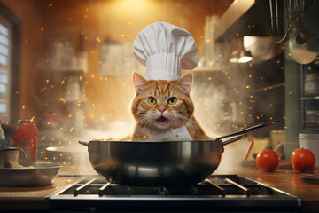 Cat blogger dressed as a chef. The cat looks at the camera and shows how to cook food, blogging concept. AI generated.
