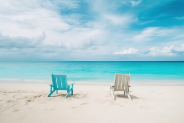 Fototapeta na wymiar Beautiful beach. Chairs on the sandy beach near the sea
