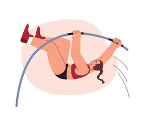 Pole vault athletic vector flat illustration, vault jumper female athlete pole jump, cartoon sportswoman in motion