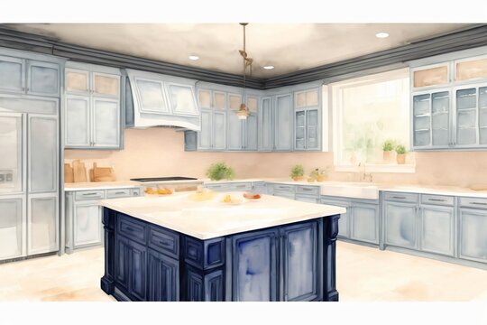 A Painting Of A Kitchen With Blue Cabinets