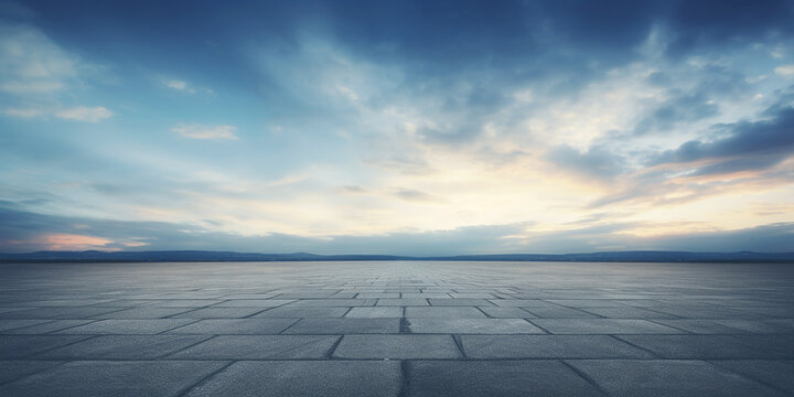 The horizon and the cloudy sky as a background, in the foreground an empty square. AI generated.