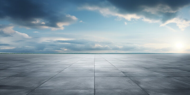 The horizon and the cloudy sky as a background, in the foreground an empty square. AI generated.