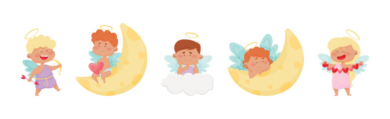 Cute Baby Angels with Nimbus and Wings Vector Set