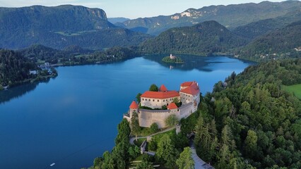 drone photo Bled Lake, Blejsko jezero Bled slovenia europe	