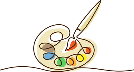 Brush and painting palette with paints. Continuous one line drawing.
