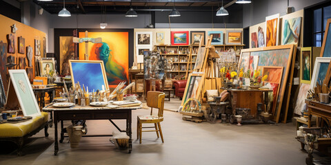 Obraz premium An artist's room filled with lots of paintings, paints and accessories.