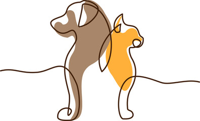 Pet symbol with cat and dog profiles. Continouos one line drawing.