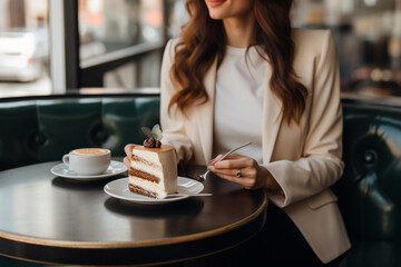 A young woman in a cafe eats a cake with coffee.