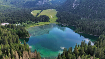 drone photo Lake Fusine Superiore, Lago di Fusine Superiore italy europe	
