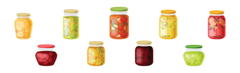 Preserved Food in Closed Glass Jars Vector Set