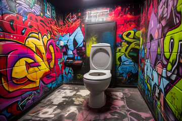 Public toilet with colored graffiti on the walls inside.
