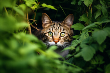 Fototapeta premium The cat sits in a thicket of hemp or cannabis. The cat peeks out from under the hemp bush.
