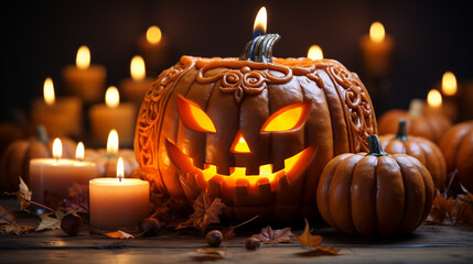 Intricately Carved Pumpkin or Jack-O-Lantern with Candles Next to It on Matte Black Background with Witchy Aesthetic - Halloween and Spooky Season Theme - Generative AI