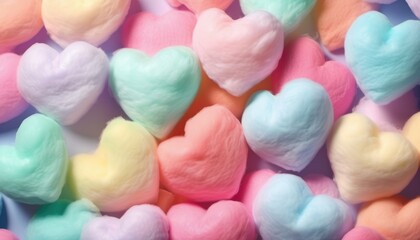 Colorful heart shape cotton candy, pastel color background. Close up of  cute  cotton candy representing love and romance. Lovely valentine sweet  backdrop. Top View, From Above, Flat Lay. - obrazy, fototapety, plakaty