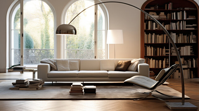 Living room interior with Arco Flos floor lamp.