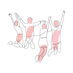 Vector line art jumping people. jumping people continuous line drawing. single line art 4 jumping man. happy moment jumping