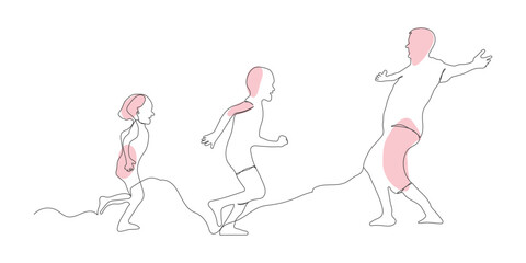 Father and children playing vector line art. Father and children happy moment continuous line drawing. line
art concept of a friendly family.