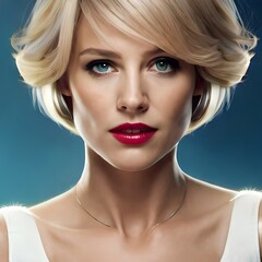 short hair blonde woman  in a white dress. Generative AI.