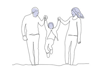 Vector line art happy mother, father, and little girl. family, parenthood concept line art vector. small family continuous line art vector