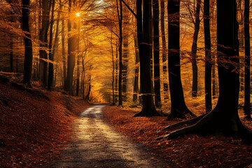 Path in the yellow autumn forest. Autumn colors.