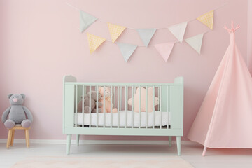 Children's room design with an adorable baby bed, crib.