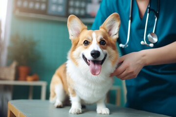 Veterinarian doctor examines the condition of the Corgi dog. Vet clinic.