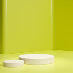 Yellow podium cylinder stand abstract stage platform or product studio geometric shape on minimal background and blank pedestal display scene space with empty presentation summer sale step backdrop.