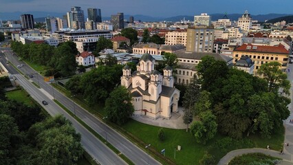 Fototapeta na wymiar drone photo Sts. Cyril and Methodius Church, Pravoslavna cerkev sv. Cirila in Metoda v Ljubljani Ljubljana slovenia europe 