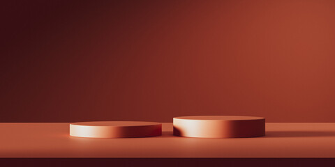 Minimal abstract red background with podium. Round pedestal for natural cosmetics presentation. 3d rendering.