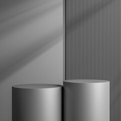 Elegant black cylinder stand for product placement mockup. Darkmetal podium exhibition scene background. Minimal platform showroom with shadow.