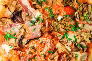 Close up view on four in one pizza with different flavors in one circle