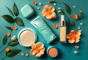 Collection, set of cosmetics on a turquoise background, layout, abstract illustration. AI generated.