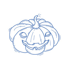Vector sketch illustration of Halloween pumpkin. Funny pumpkin with carved mouth and eyes. Isolated object. For banners, advertising, posters, backgrounds, invitations