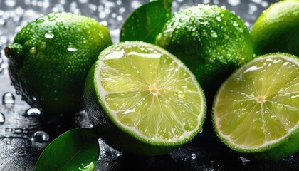 Fresh ripe limes with water drops background. Juicy Fruits backdrop