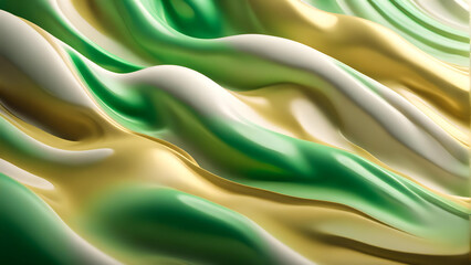 Mesmerizing Fluidity, Liquid Gold Infused with Green Pigment, Shiny 3D Waves Background