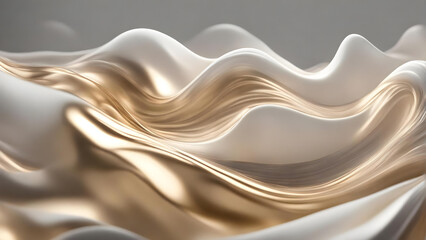 Liquid golden and white waves, 3D render fashion background wallpaper, luxurious backdrop with gold 
