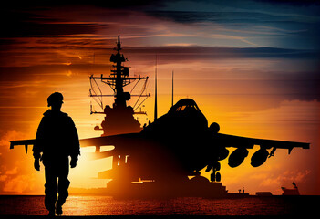 Silhouette of military pilots near the planes on the deck of an aircraft carrier ship. Silhouette in the rays of the setting sun. AI generated.