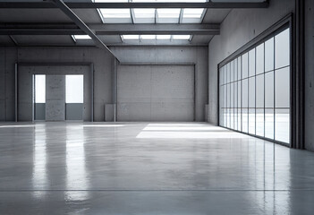 Photorealistic interior of a large empty industrial warehouse or hangar with a concrete floor. AI generative.